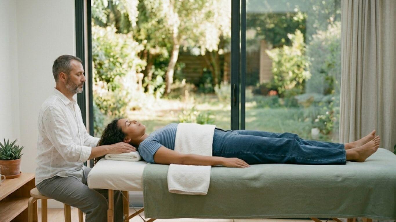 Compétences métiers Parcours Reiki RKL — les mains du praticien, le geste et la personne sous les mains